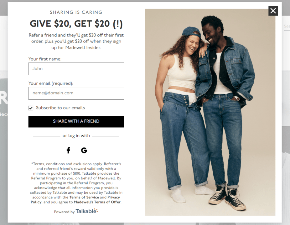 Madewell newsletter signup form example
