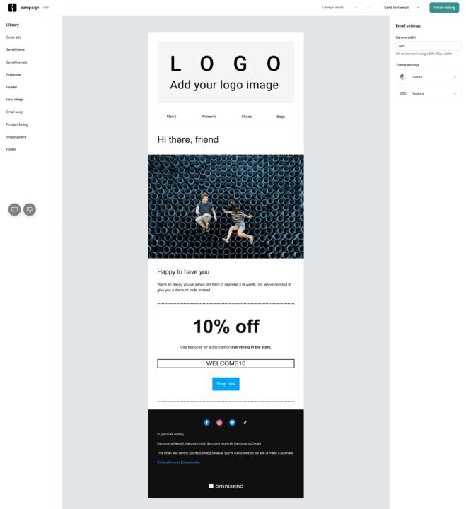 welcome email template with a discount: Omnisend
