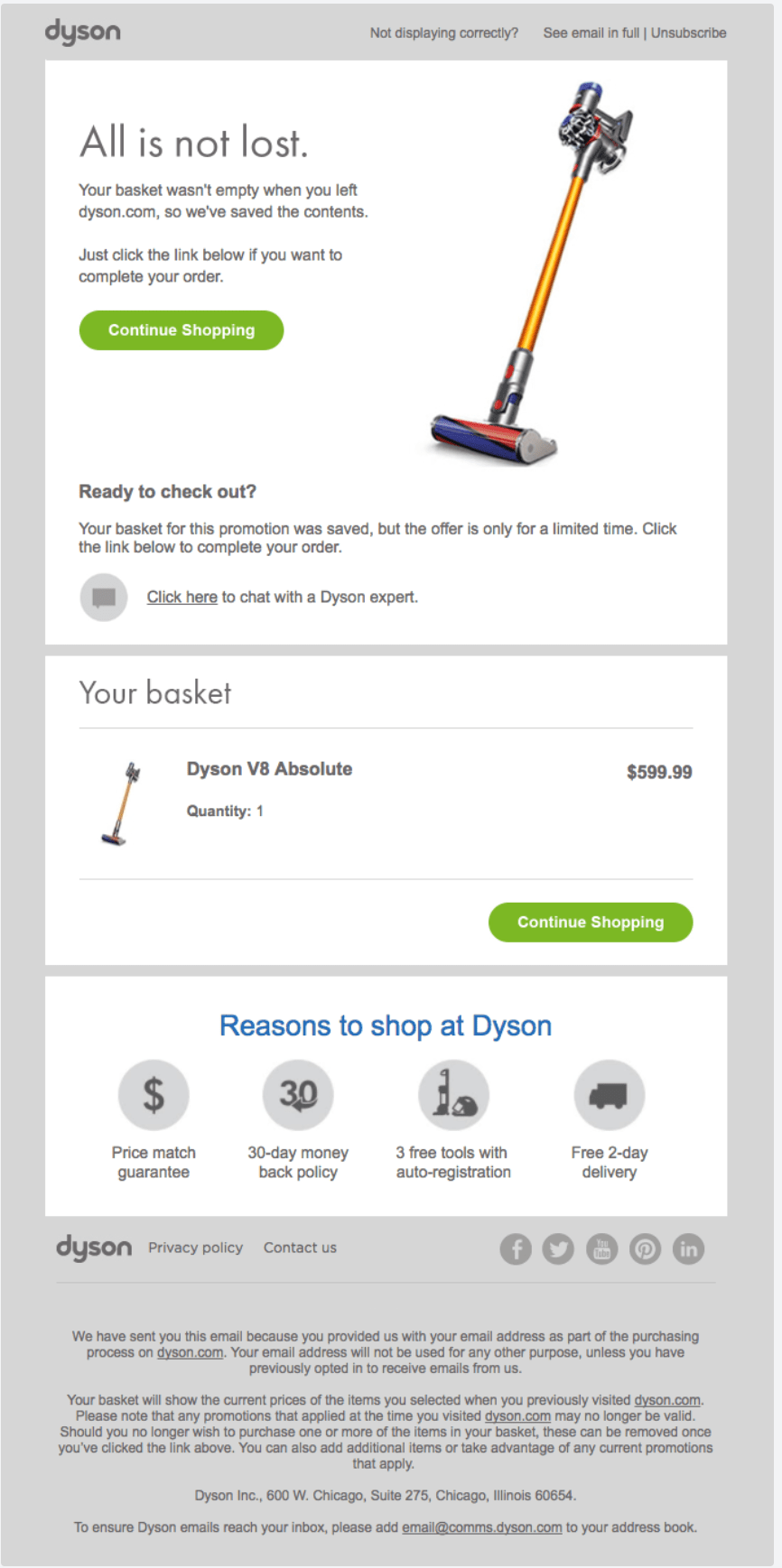 Dyson cart abandonment email