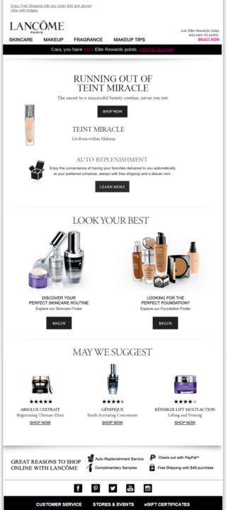Dynamic email example: Lancome