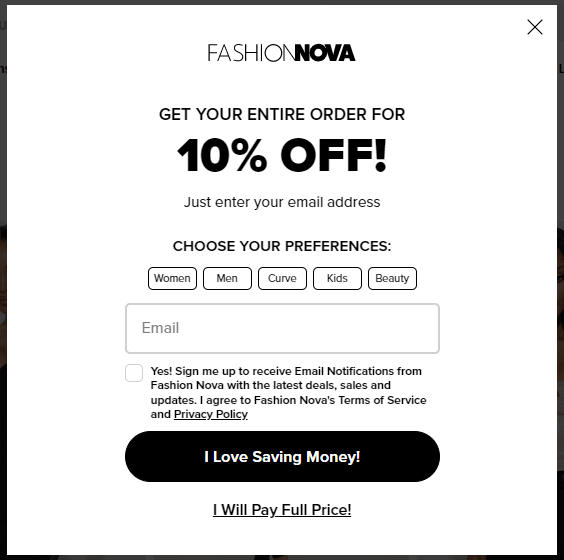 fashion nova example of letting customers choose content and offers