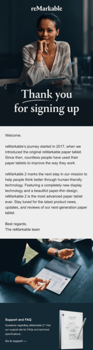 remarkable welcome email