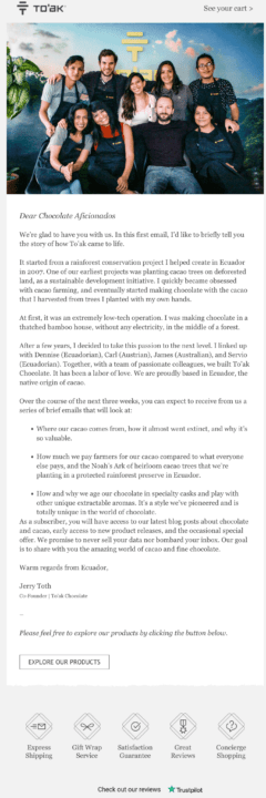 toak chocolate welcome email
