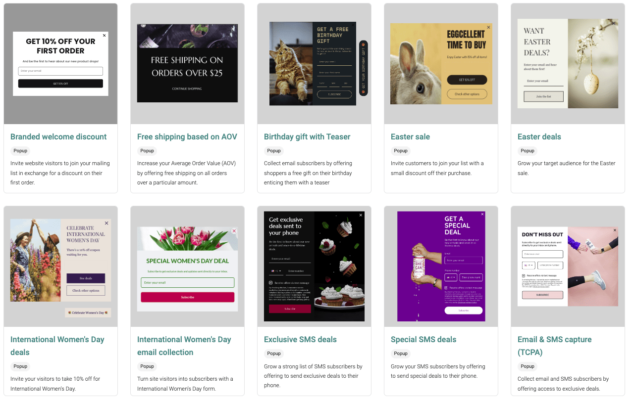 Mother's day popups: A grid of ten promotional cards for various marketing deals, including discounts, shipping offers, holiday sales, exclusive deals, and SMS/email subscriber incentives, each with images and short descriptions.