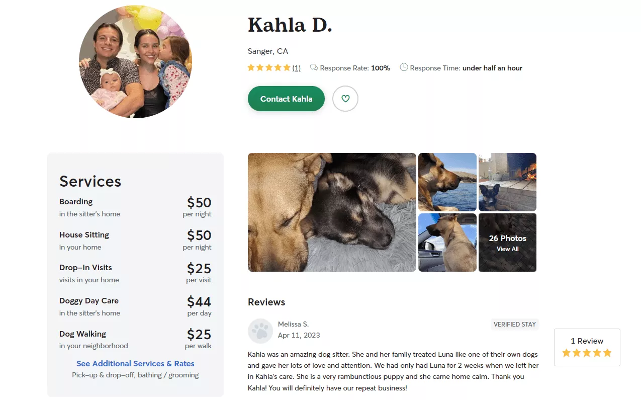 a dog walking services profile with rates