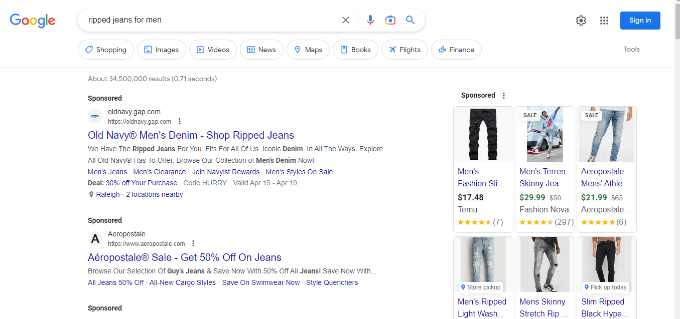 PPC ad example on Google