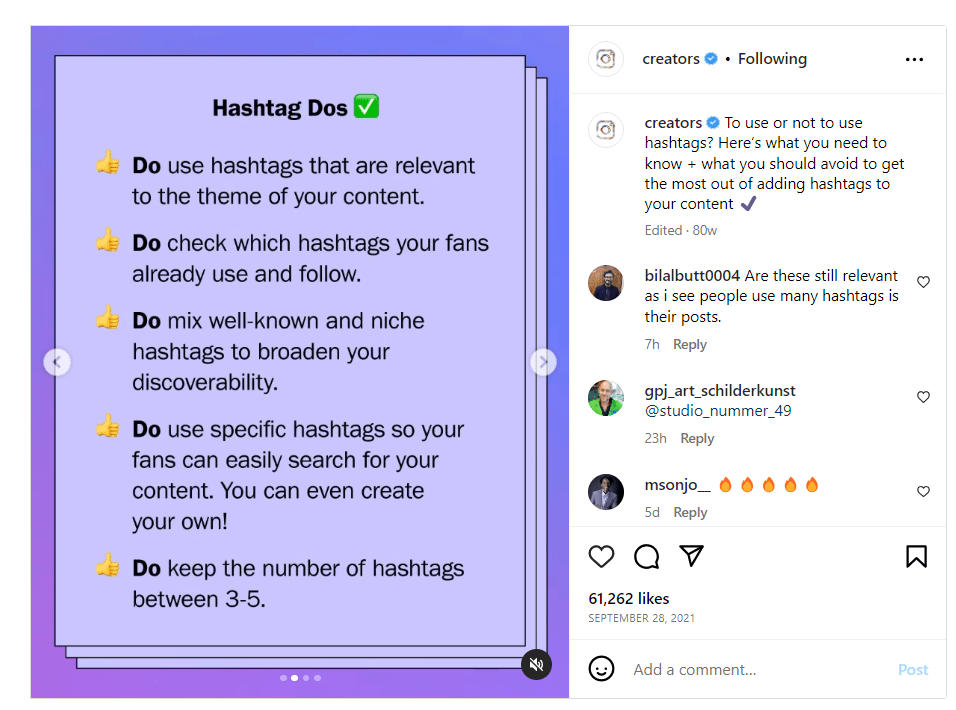 a screenshot of an Instagram post on how to use hashtags