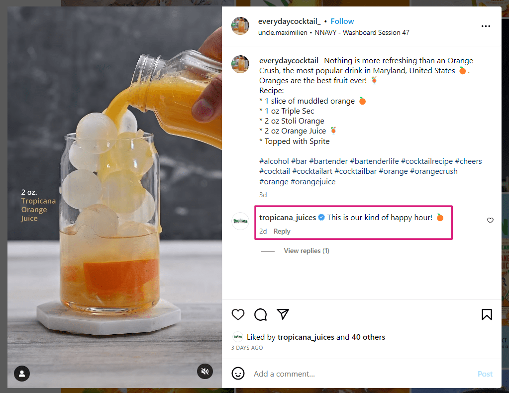 an example of a brand leaving a comment on a post where they are tagged