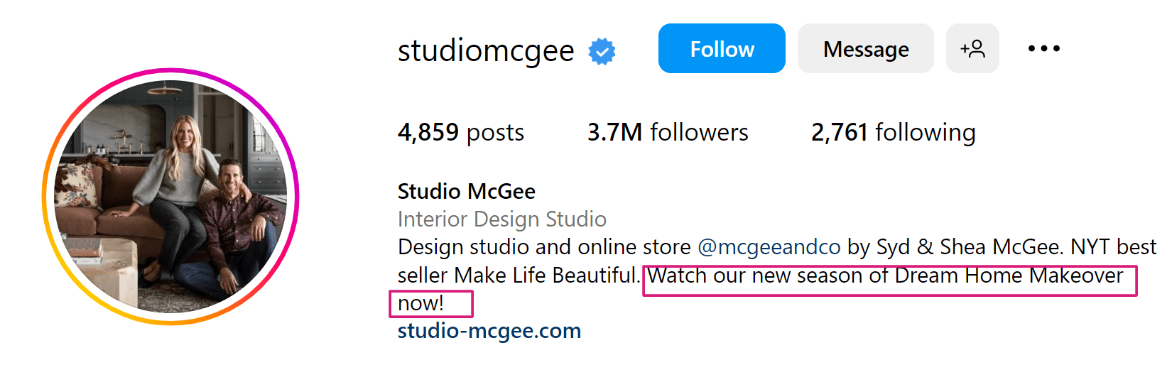 an example of interior design studio's Instagram bio