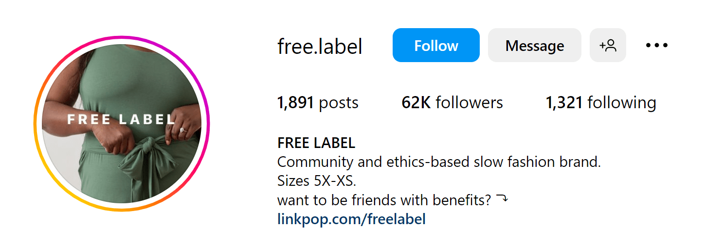 an example of fashion brand's Instagram bio
