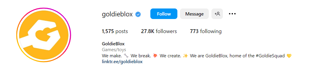 an example of toy manufacturer's Instagram bio