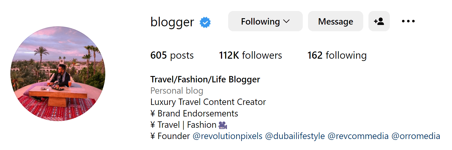 an example of travel content creator's Instagram bio