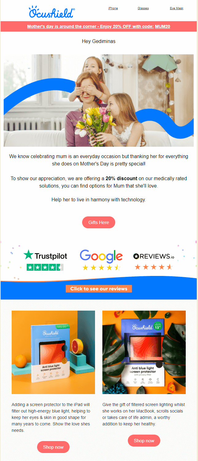 Ocushield Mother's Day email: Get 20% off this Mother's Day