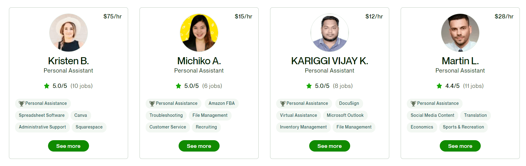 personal assistants' page on Upwork