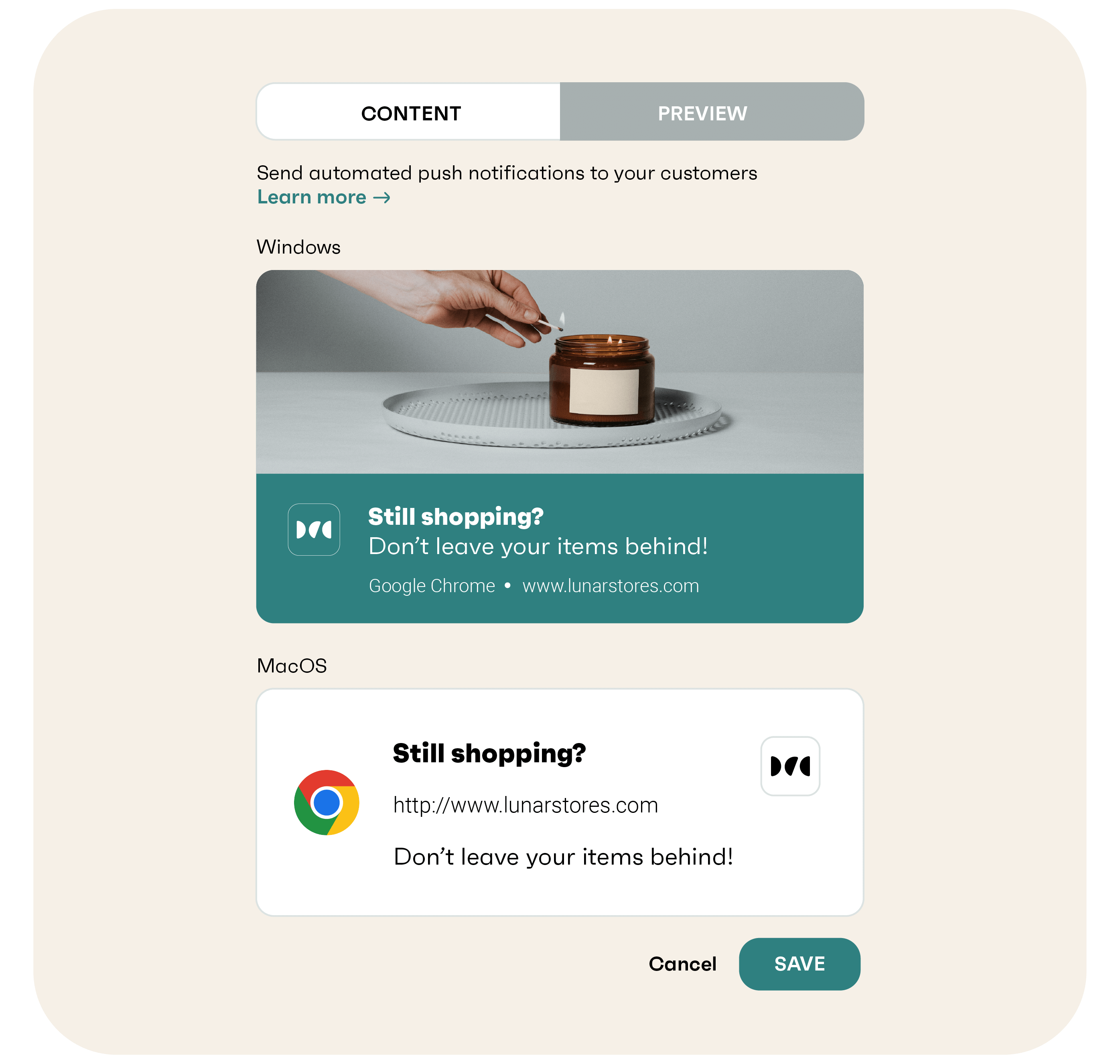examples of abandoned shopping cart push notification for Windows and MacOS
