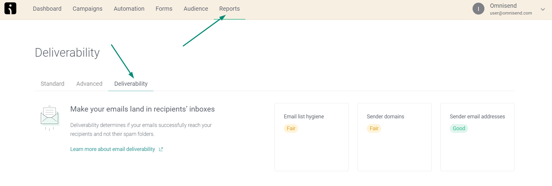 deliverability reports in Omnisend