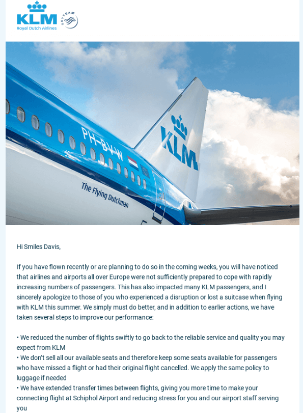 KLM flight disruptions and problem solutions apology email