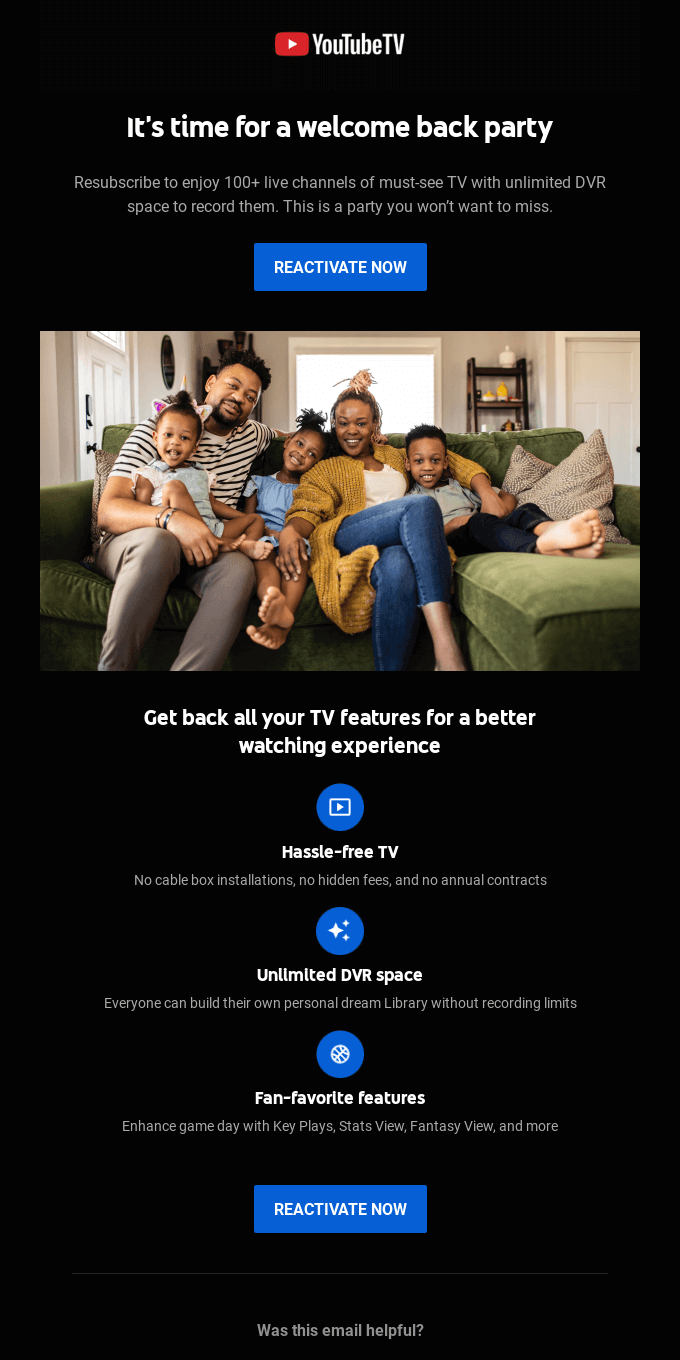 win-back email from YouTube TV