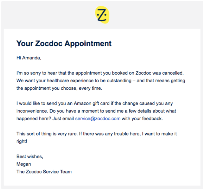 Zocdoc apology email example