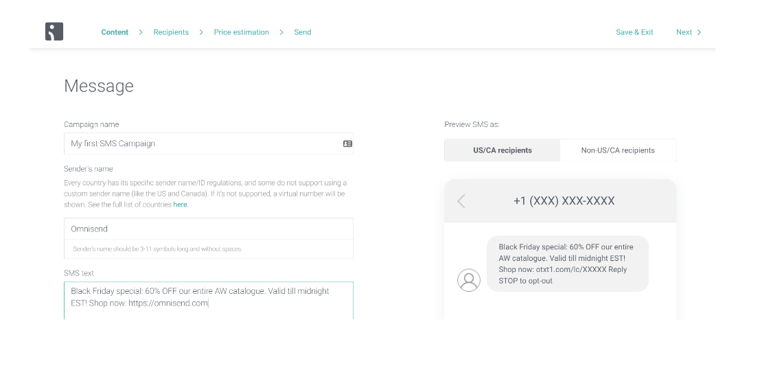 sms campaign creation Omnisend