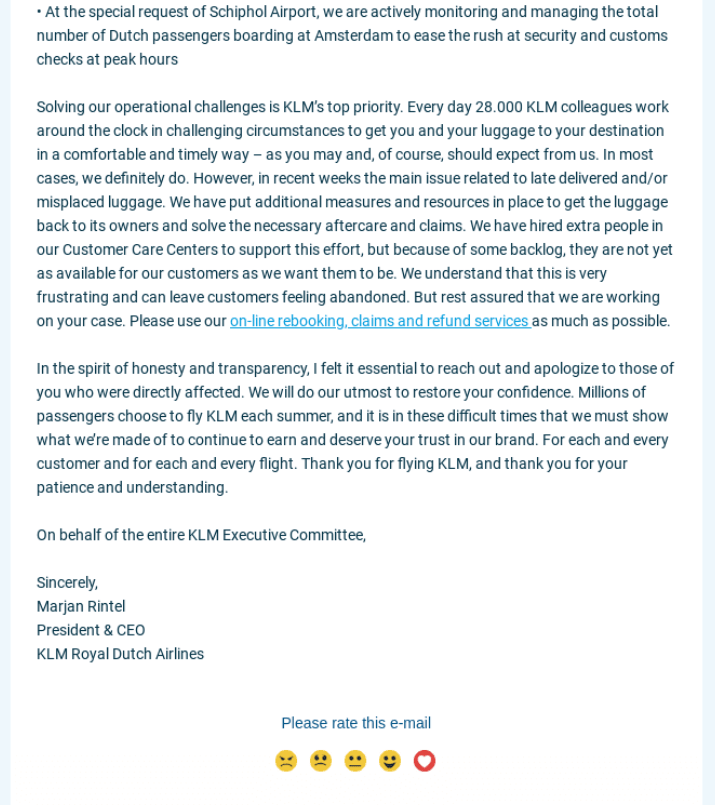 KLM flight disruptions and problem solutions apology email
