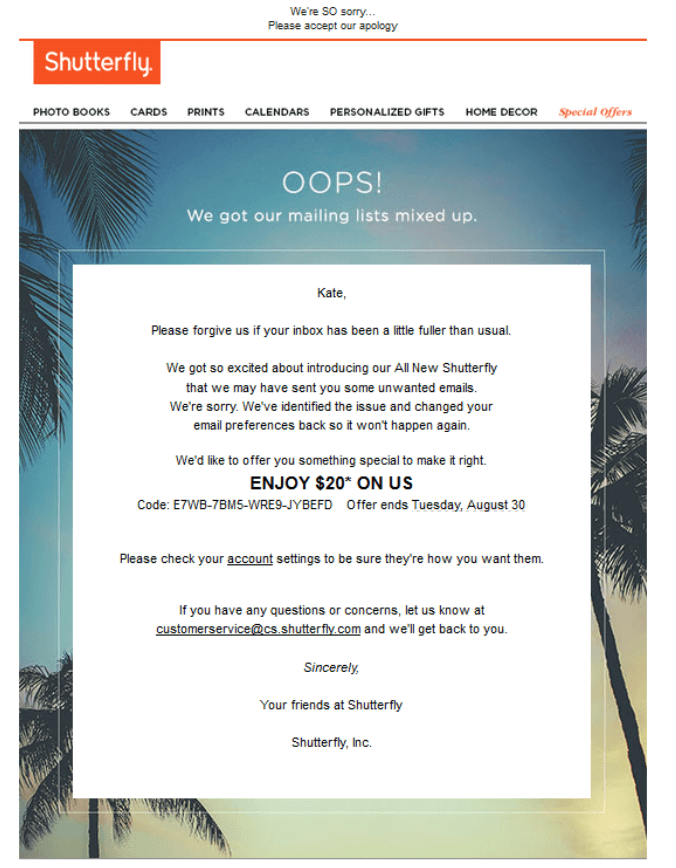 Shutterfly apology email example
