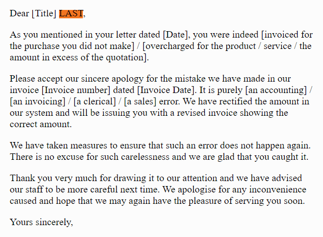 invoice issue apology email 