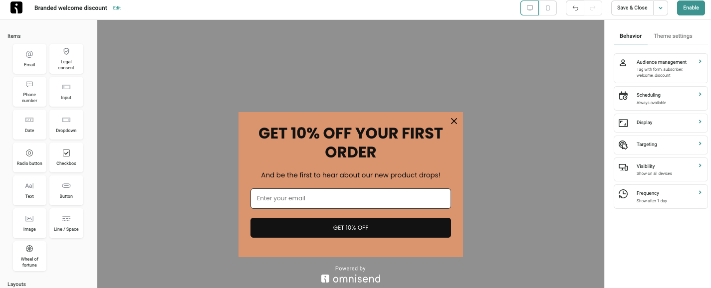 creating signup form in Omnisend's drag-and-drop email list builder