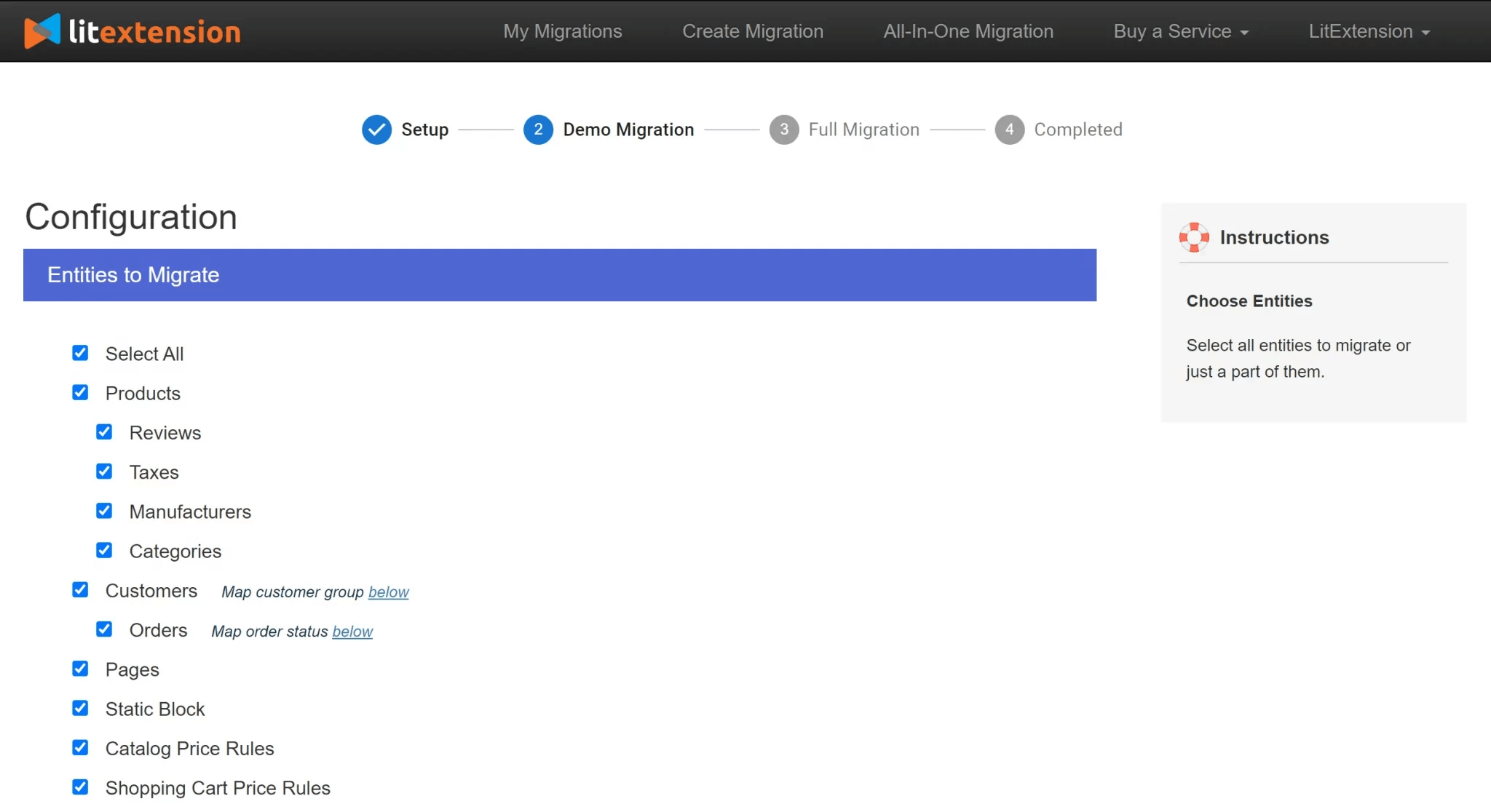 selecting entities to migrate from Shopify to WooCommerce