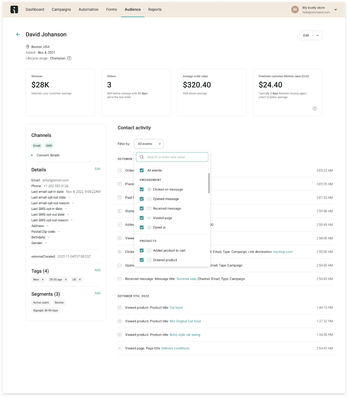 customer profile in Omnisend