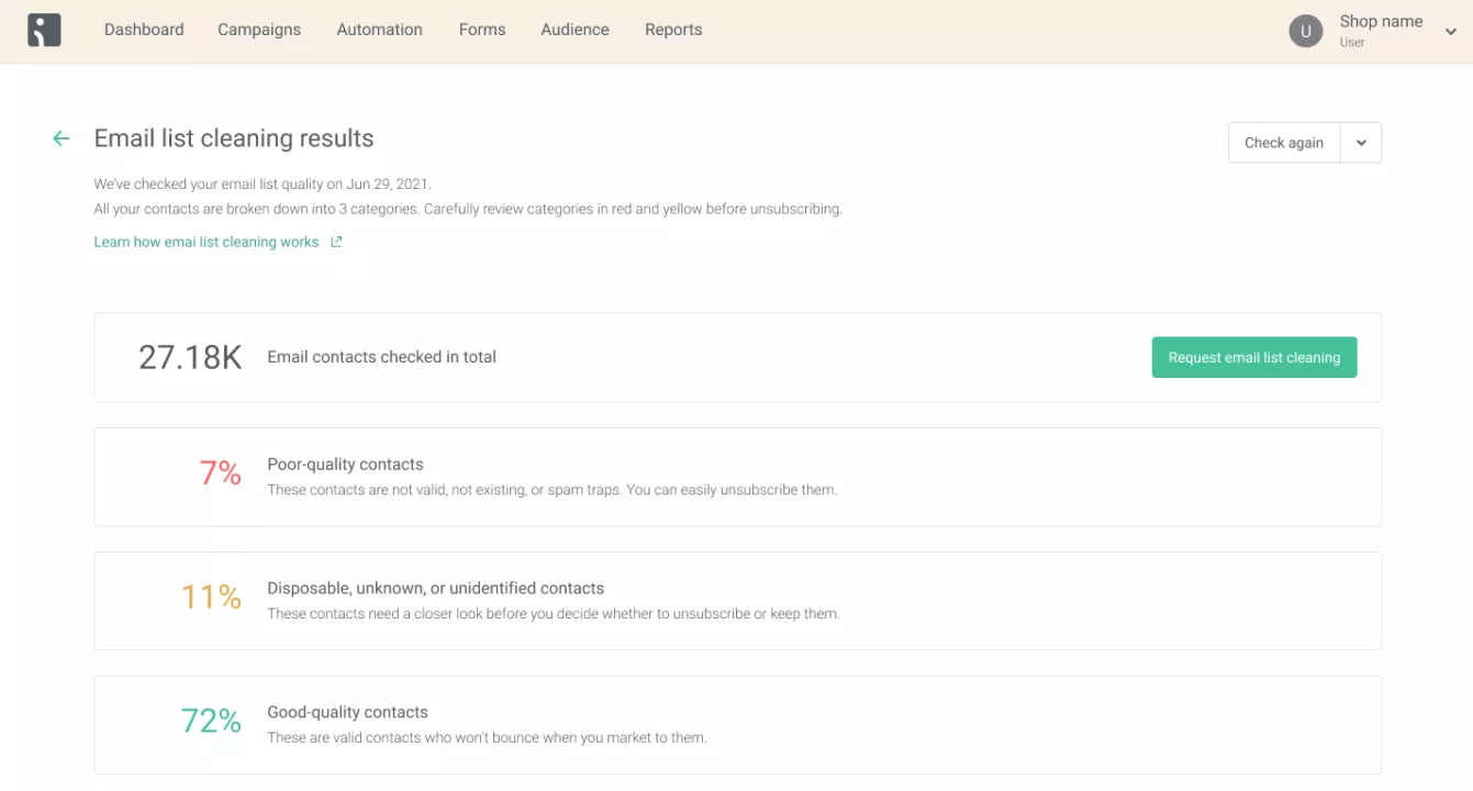 email list cleaning report in Omnisend