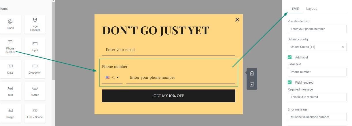 phone number section in form builder