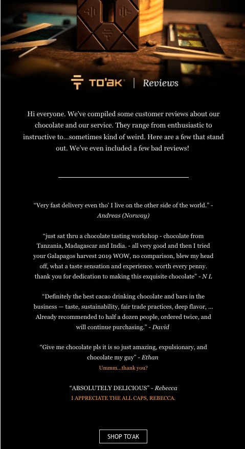 To’ak Chocolate's email with reviews