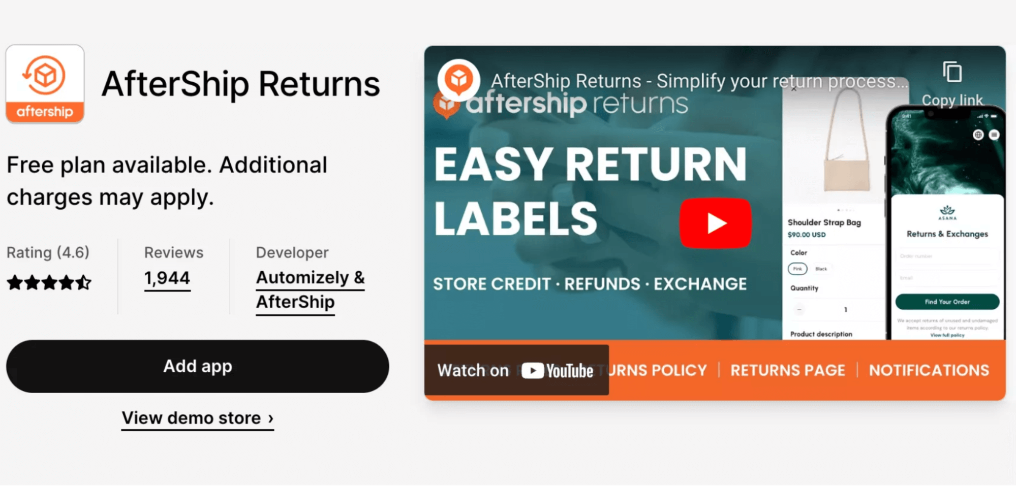 AfterShip Returns page on Shopify