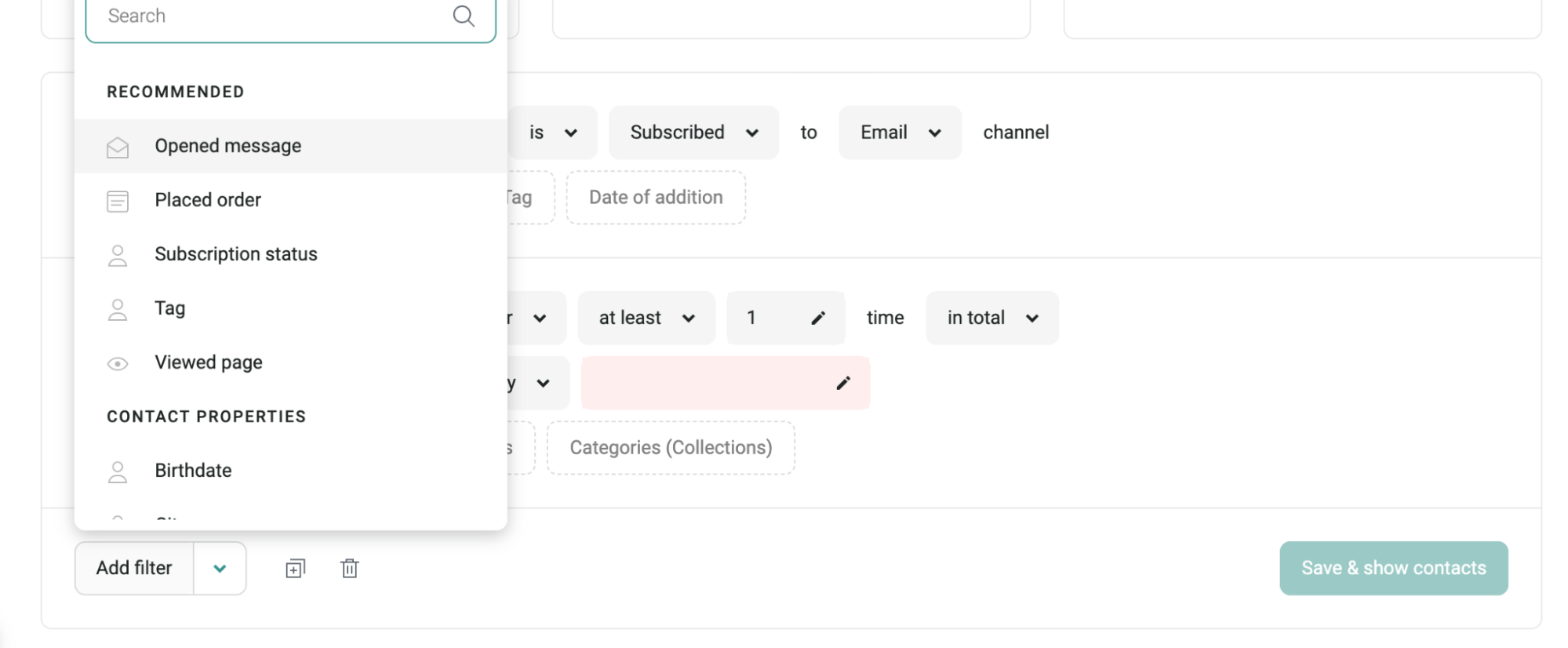 segmentation parameters in Omnisend