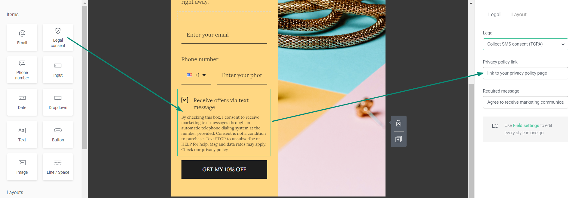 legal consent block in Omnisend email builder