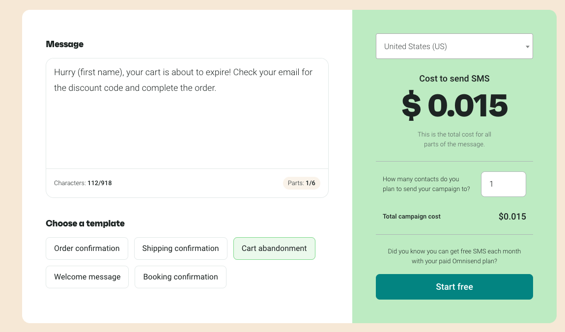 SMS length and pricing calculator by Omnisend