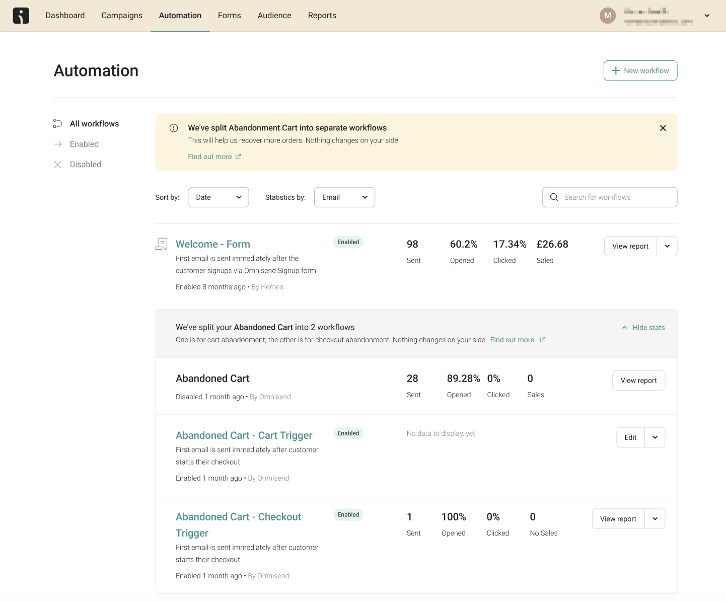 abandoned cart workflow split into 2 workflows: abandoned cart and abandoned checkout