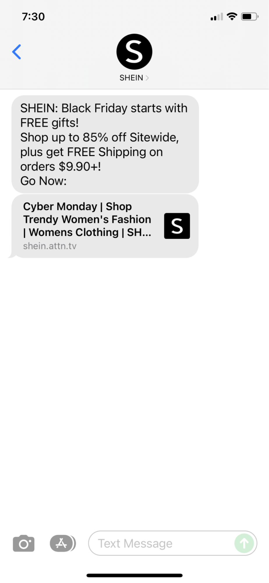 Black Friday SMS example from SHEIN