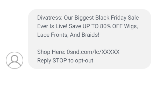 Black Friday SMS example from Divatress