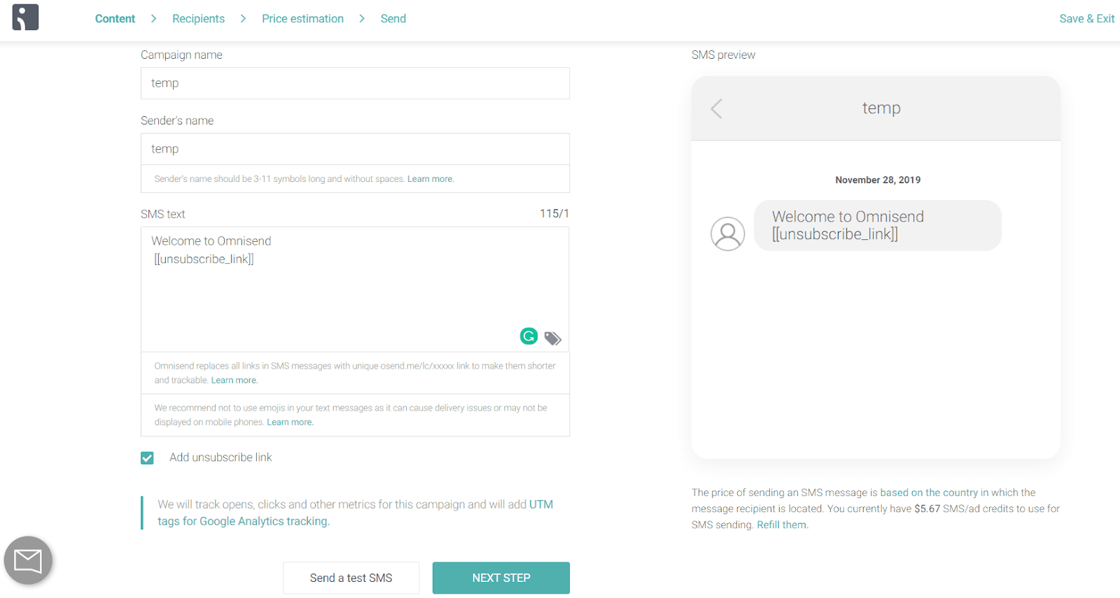 creating SMS campaign in Omnisend