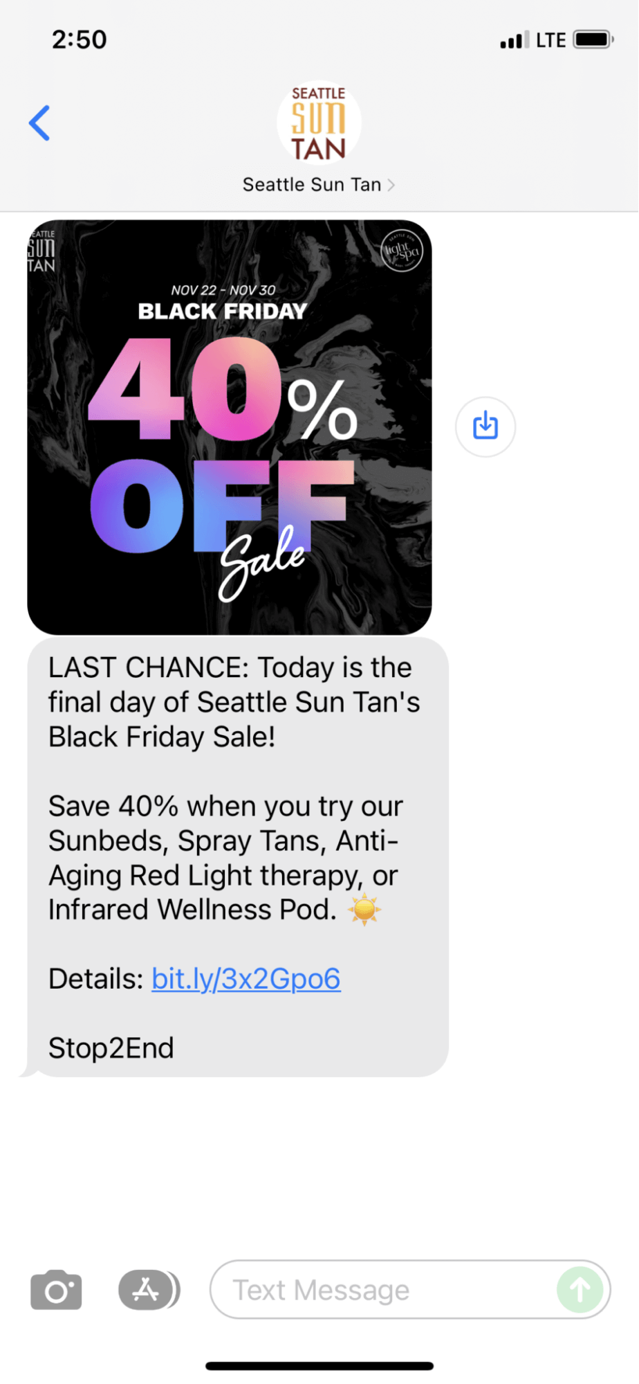 Black Friday SMS example from Seattle Sun Tan