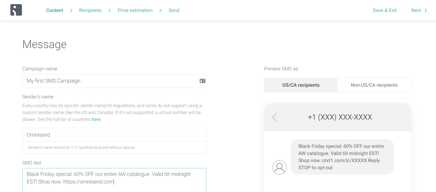 Creating an SMS campaign in Omnisend