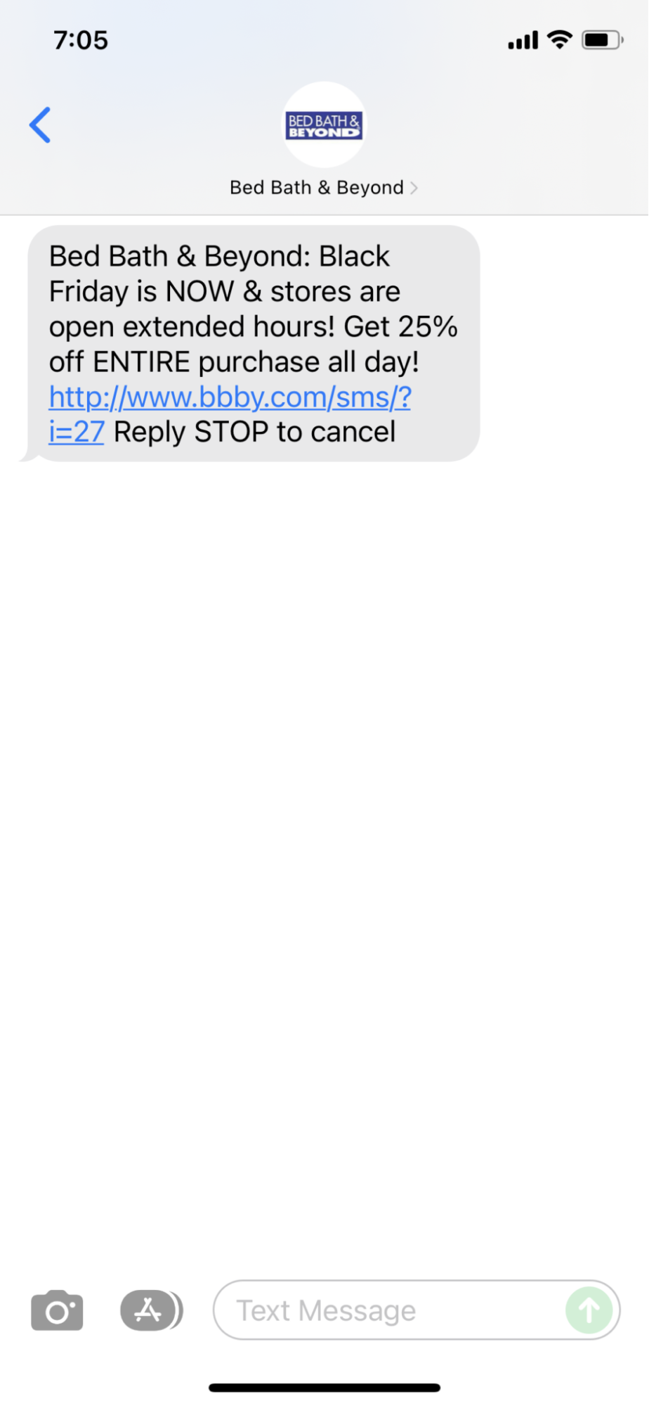 Black Friday SMS example from Bed Body & Beyond