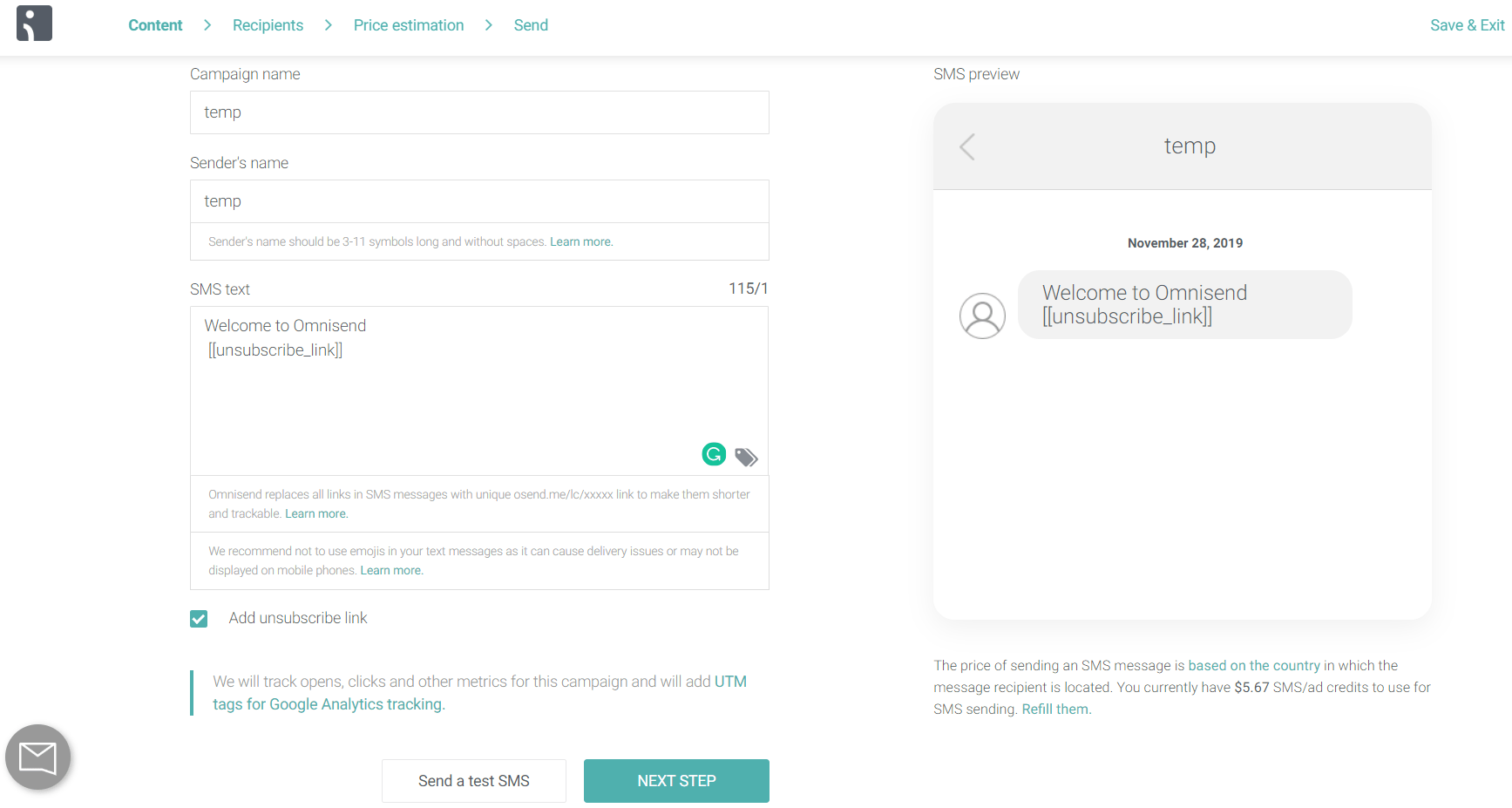 creating SMS campaign in Omnisend