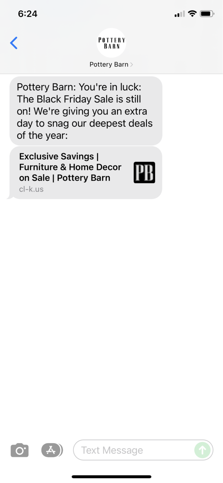 Black Friday SMS example from Pottery Barn