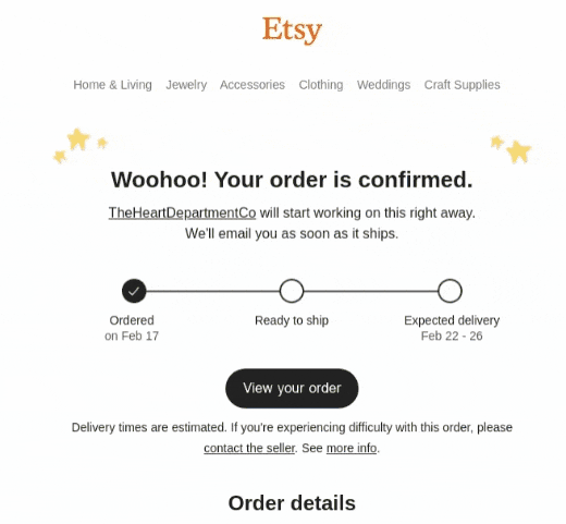 an order confirmation template that includes upsell details
