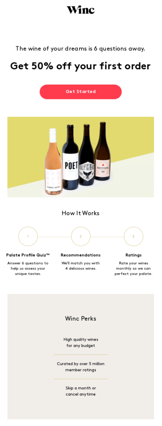 Winc's wine subscription service email