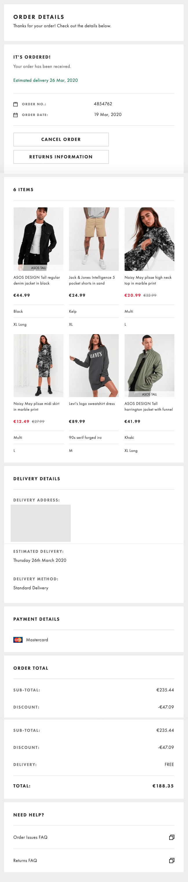 order confirmation page by Asos