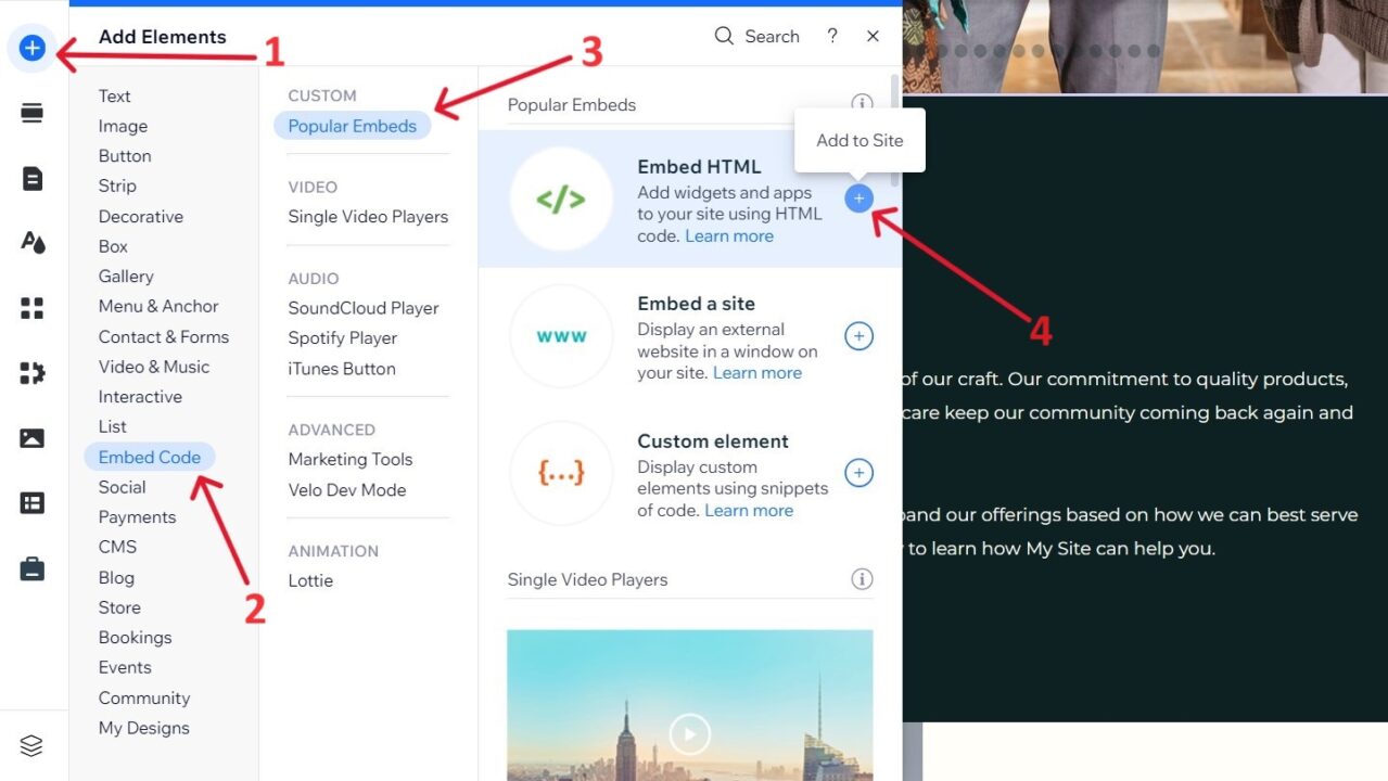 HTML code section in Wix editor